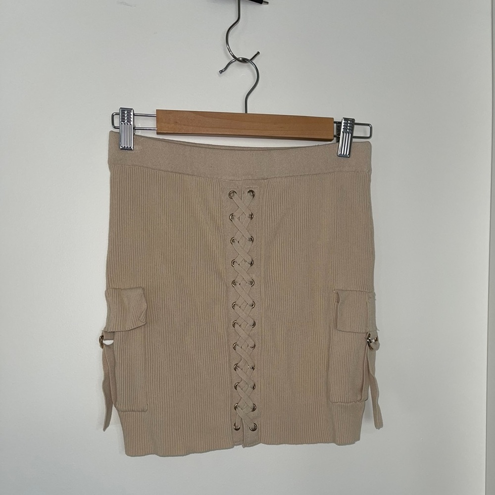 Akira Ribbed Cargo Bodycon Mini Skirt
